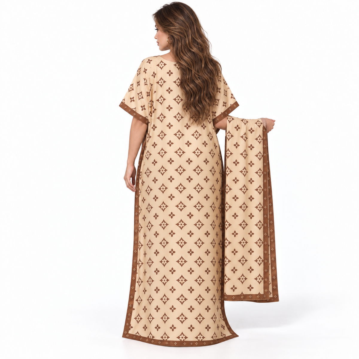 Khaki Geometric Print Stole Elegant Kaftan