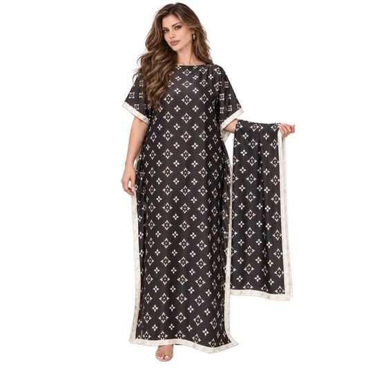 Black Monogram Stole Elegant Kaftan Dress
