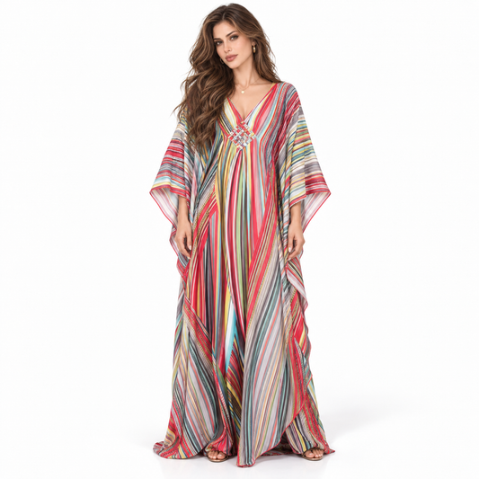 Multicolor Striped Flowing V-Neck Elegant Kaftan