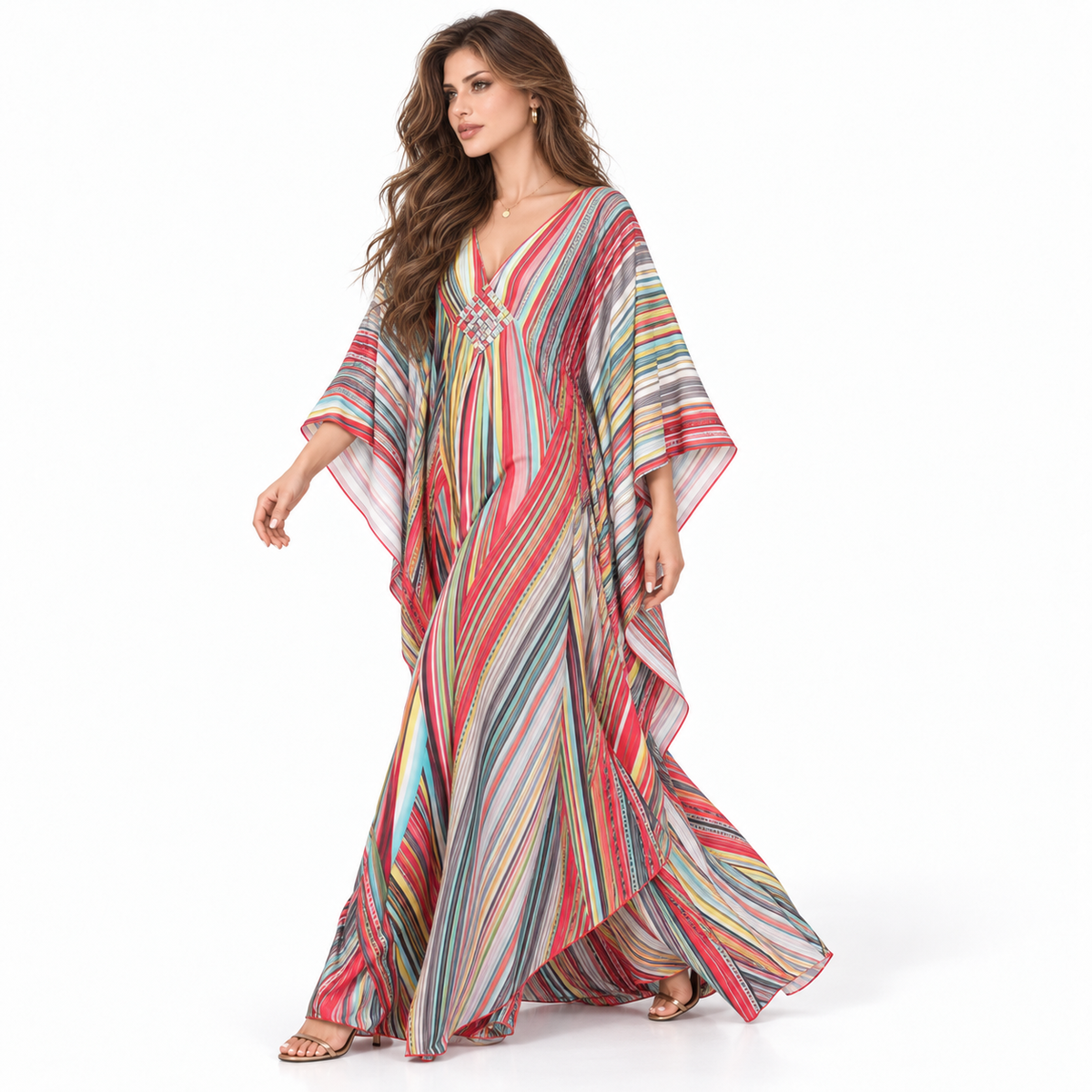 Multicolor Striped Flowing V-Neck Elegant Kaftan