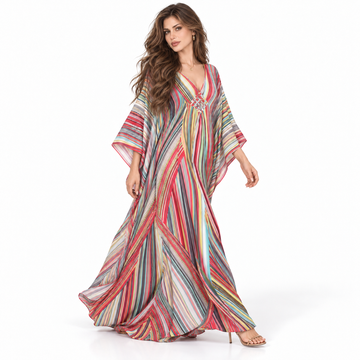 Multicolor Striped Flowing V-Neck Elegant Kaftan
