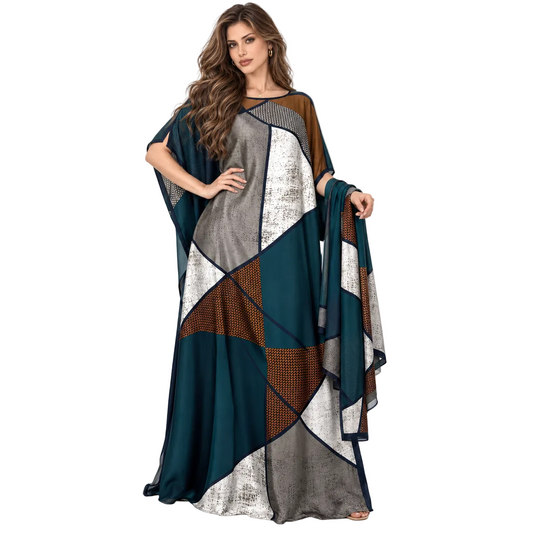 Blue Geometric Patchwork Flowing Elegant Kaftan