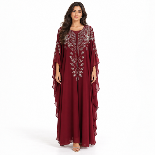 Burgundy Embellished Chiffon Evening Elegant Kaftan