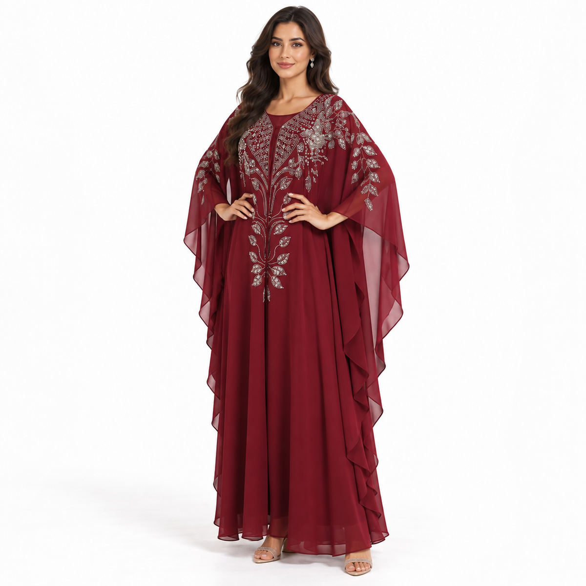 Burgundy Embellished Chiffon Evening Elegant Kaftan