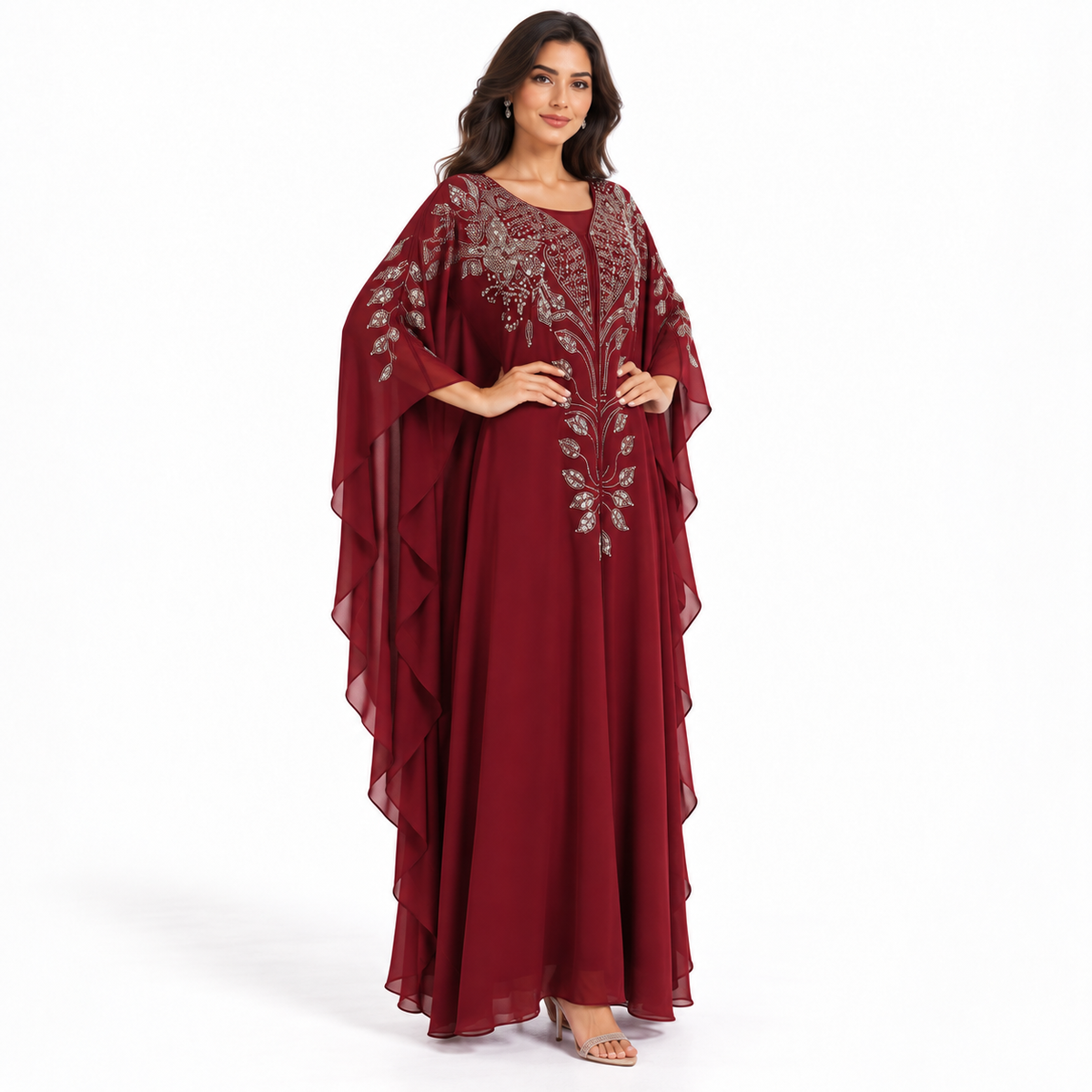 Burgundy Embellished Chiffon Evening Elegant Kaftan