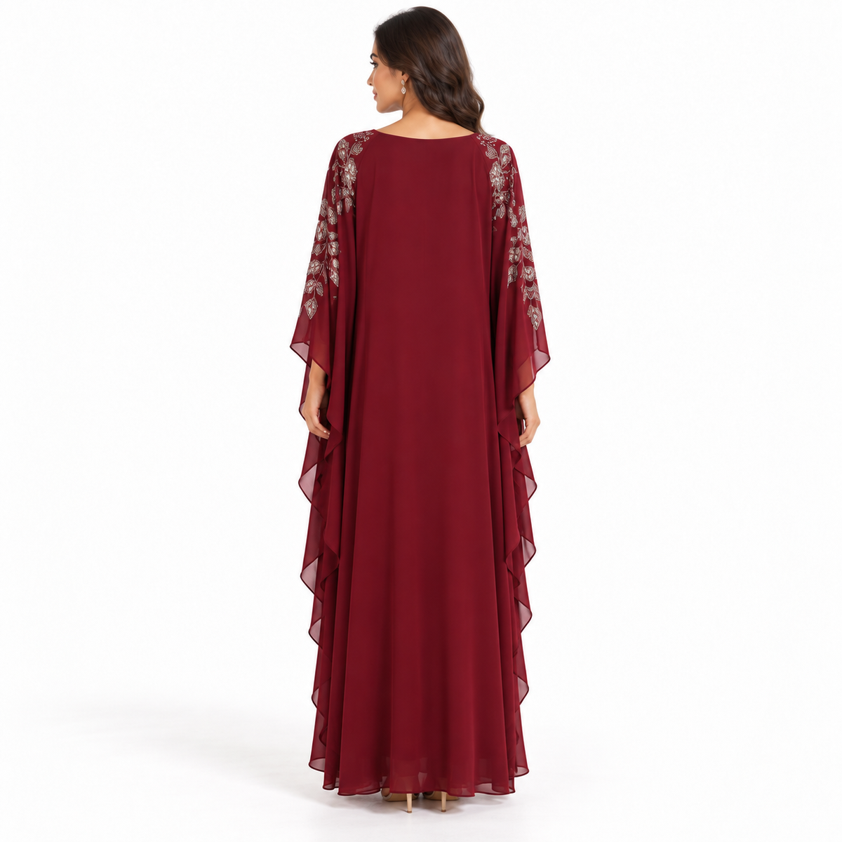 Burgundy Embellished Chiffon Evening Elegant Kaftan
