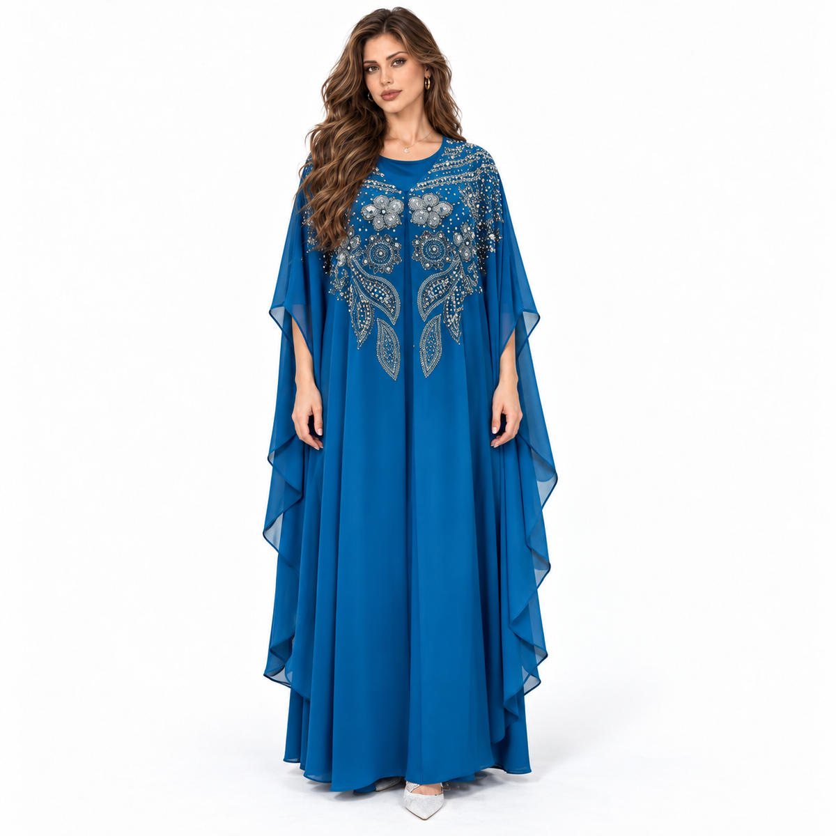 Blue Embellished Flowing Chiffon Elegant Kaftan