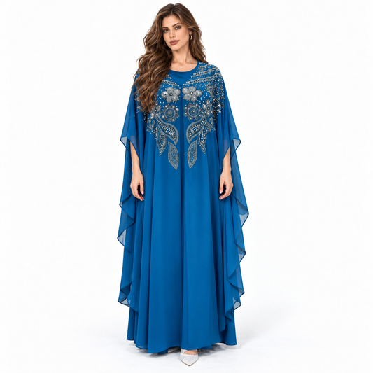 Blue Embellished Flowing Chiffon Elegant Kaftan