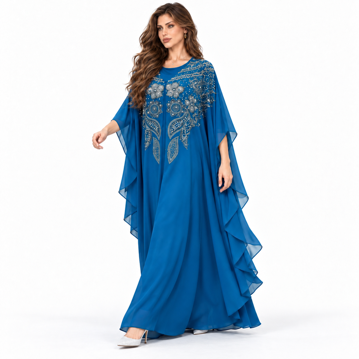 Blue Embellished Flowing Chiffon Elegant Kaftan