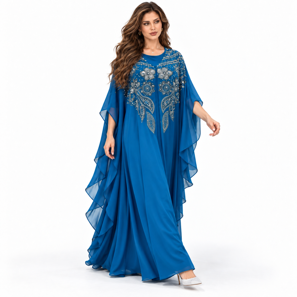 Blue Embellished Flowing Chiffon Elegant Kaftan