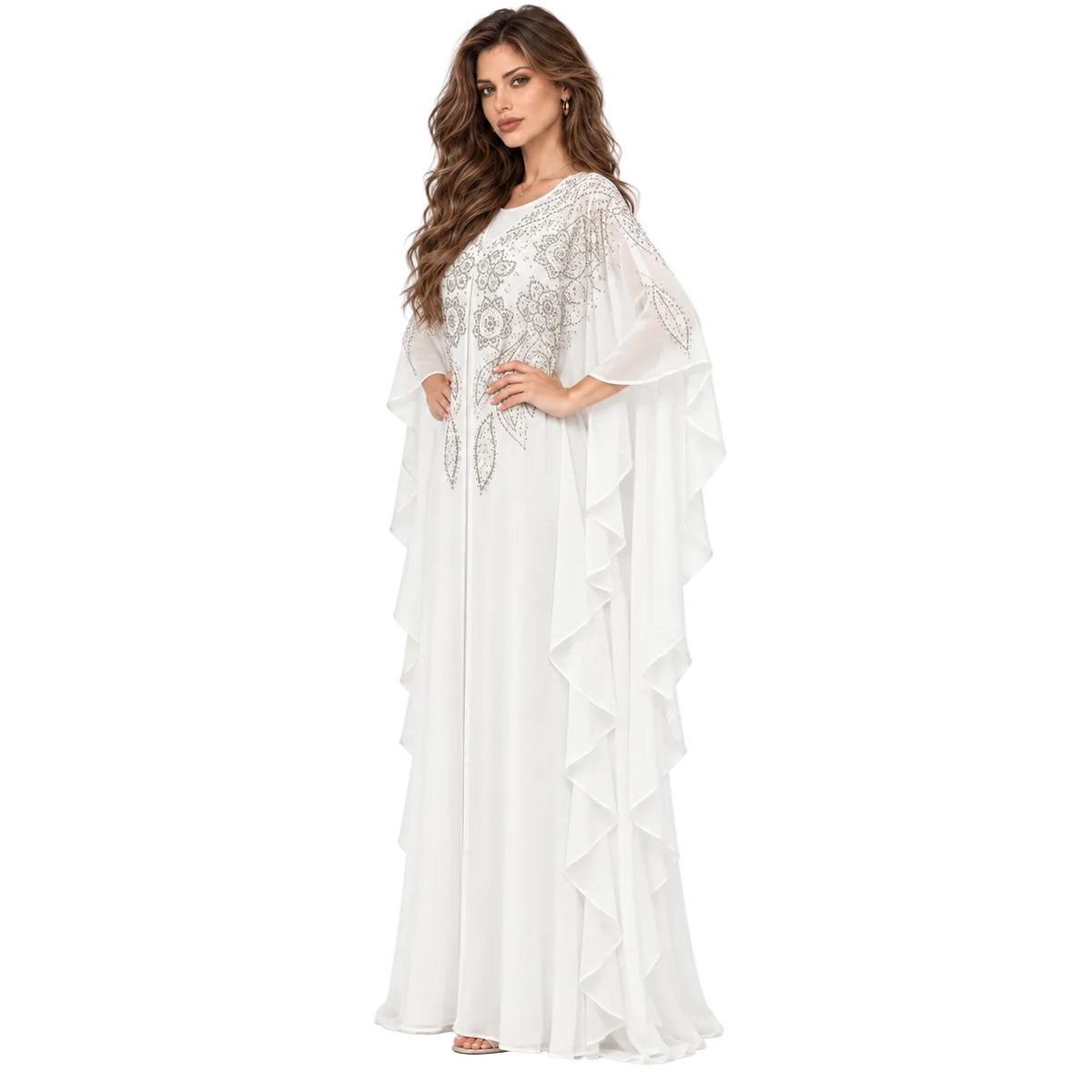 White Embellished Chiffon Evening Elegant Kaftan
