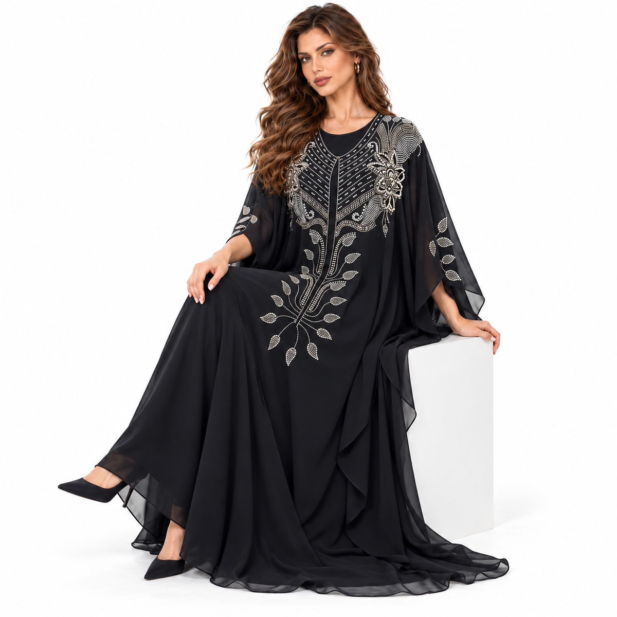 Black Embellished Flowing Chiffon Elegant Kaftan
