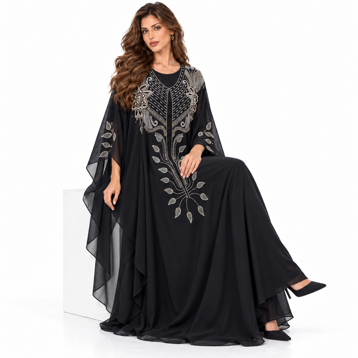 Black Embellished Flowing Chiffon Elegant Kaftan