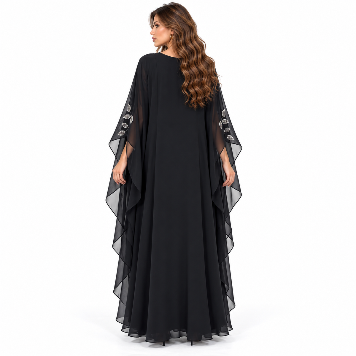 Black Embellished Flowing Chiffon Elegant Kaftan