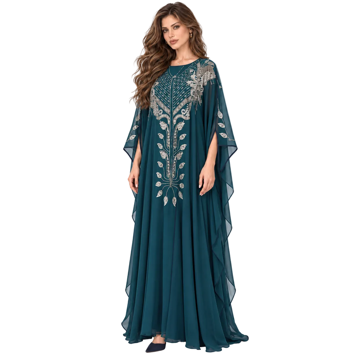 Teal Silver Embellished Flowing Elegant Kaftan