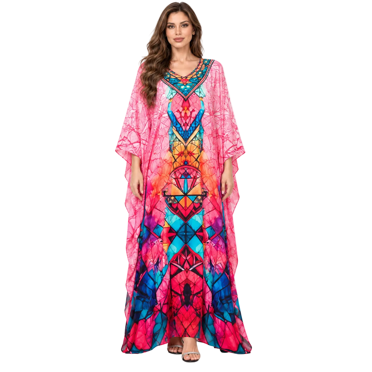 Vibrant Pink Geometric Print Elegant Kaftan