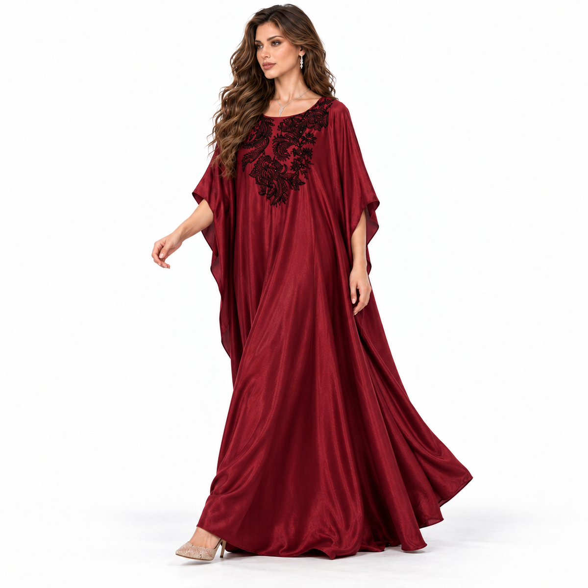 Burgundy Floral Embroidered Luxury Elegant Kaftan
