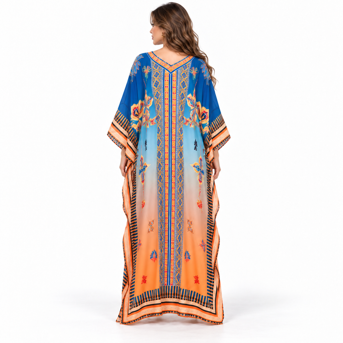 Blue Orange Floral Printed Elegant Kaftan
