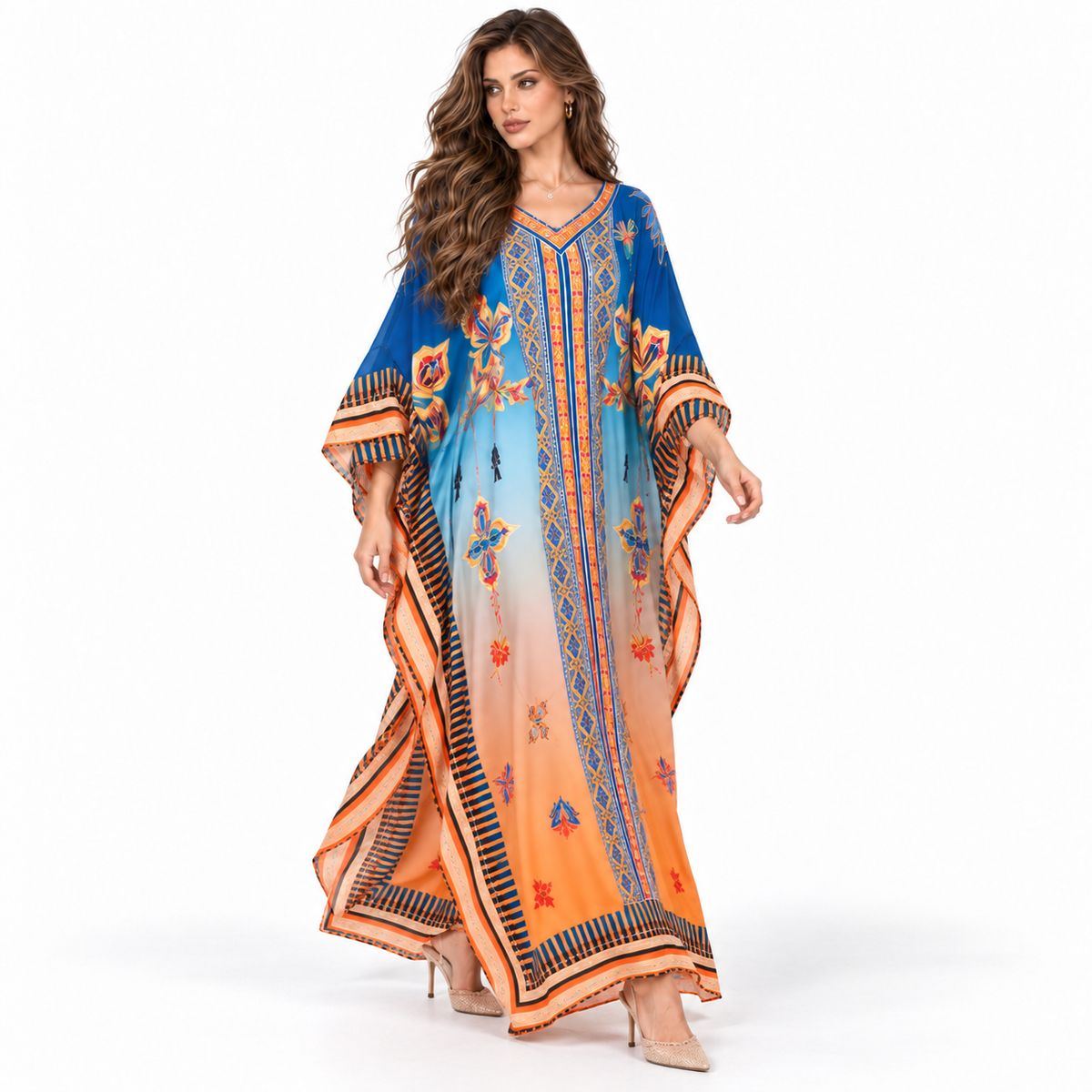 Blue Orange Floral Printed Elegant Kaftan