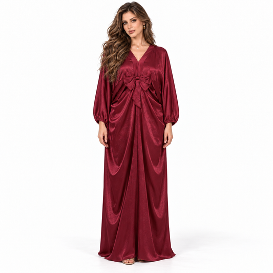 Burgundy Satin Bow Detail Elegant Kaftan