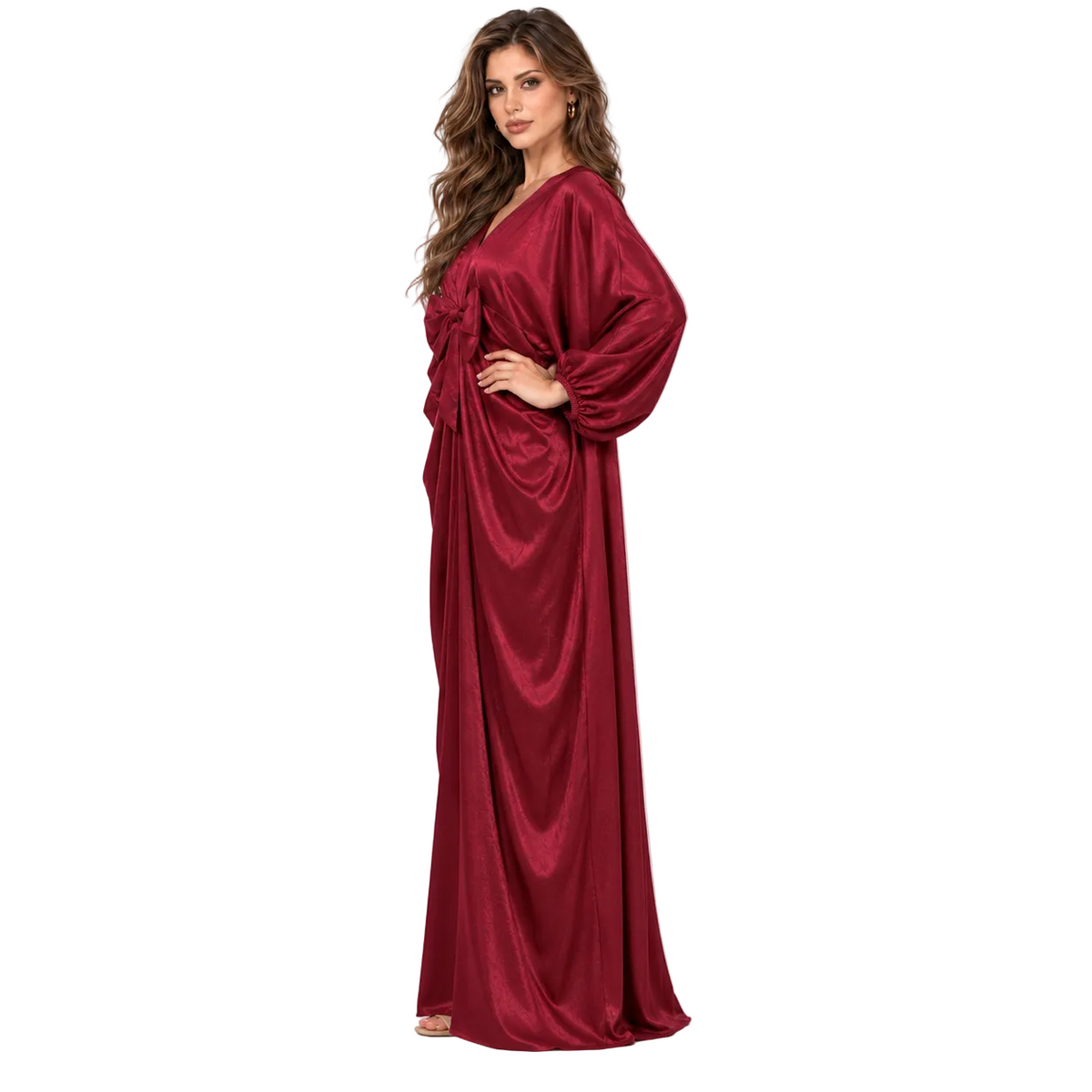 Burgundy Satin Bow Detail Elegant Kaftan