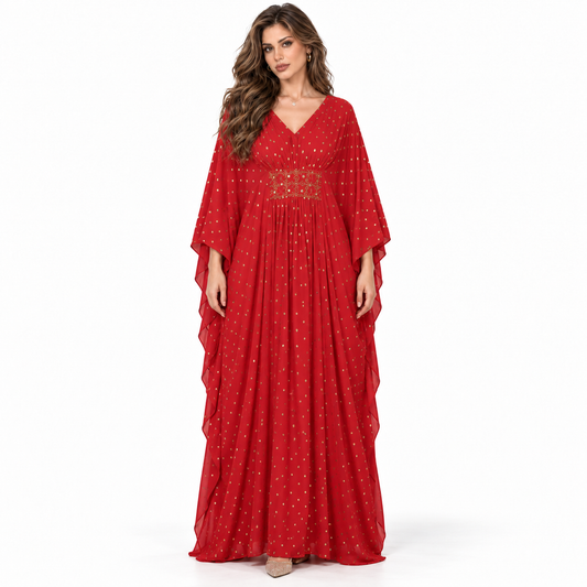 Red Gold Embellished Chiffon Elegant Kaftan