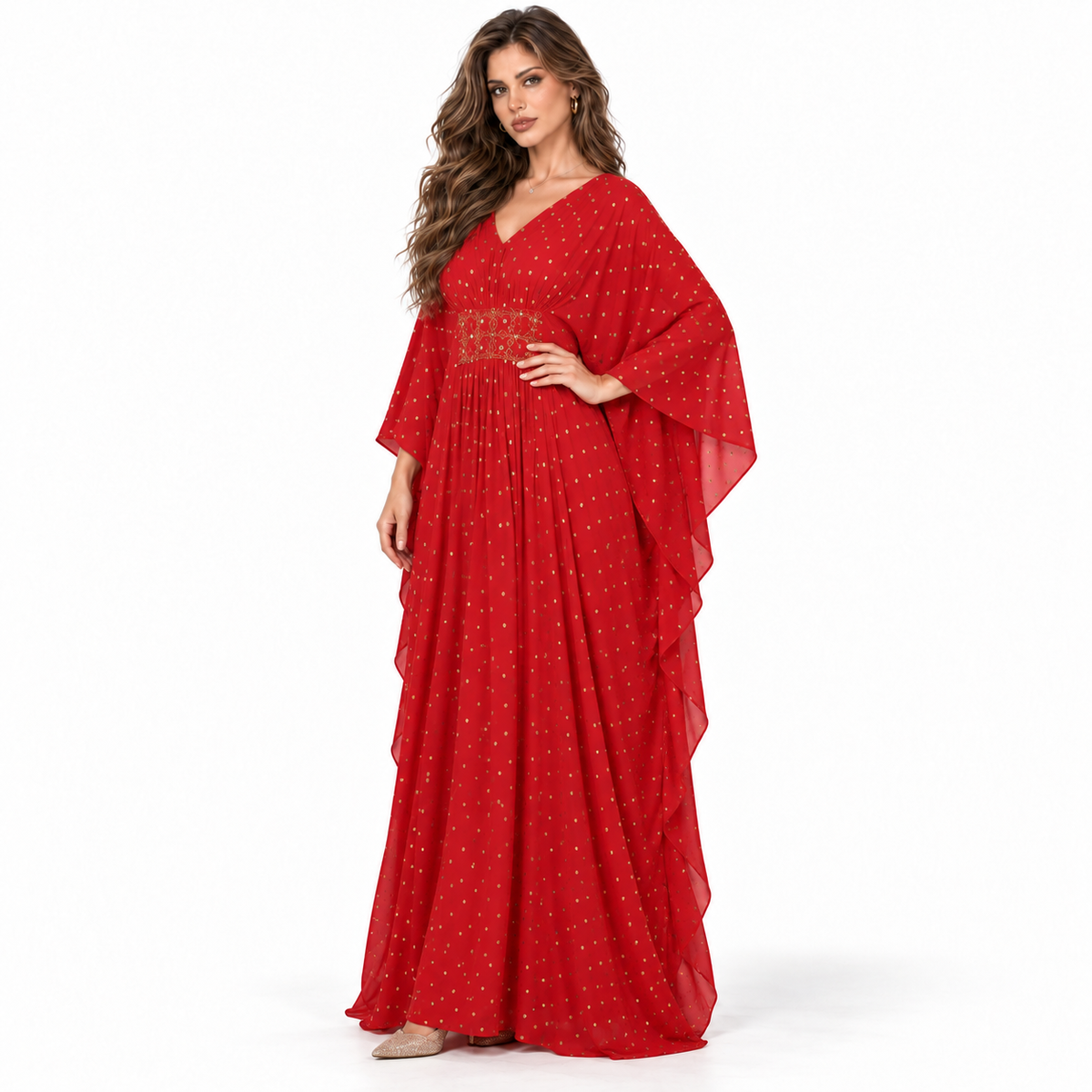 Red Gold Embellished Chiffon Elegant Kaftan