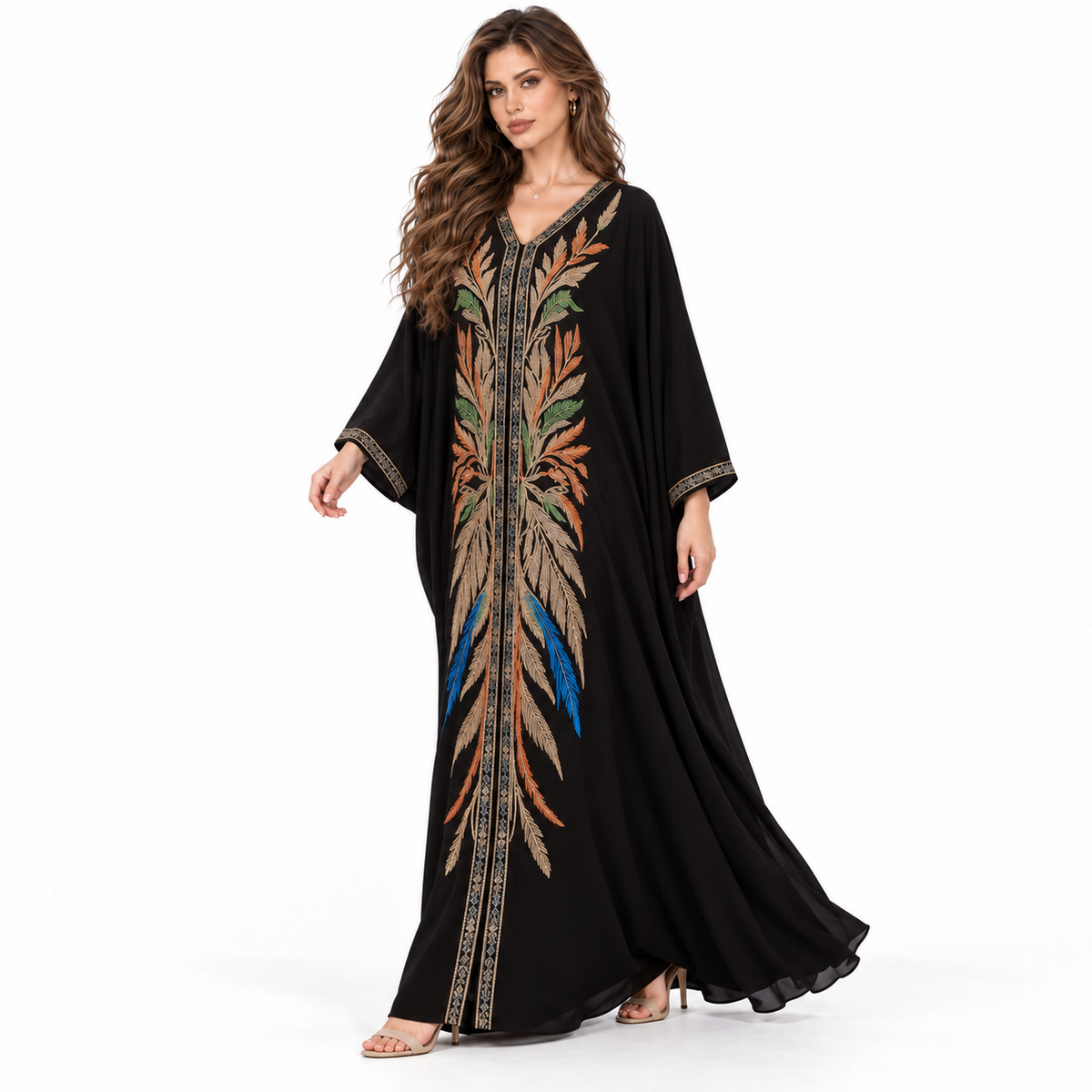 Black Multicolor Embroidered Luxury Elegant Kaftan