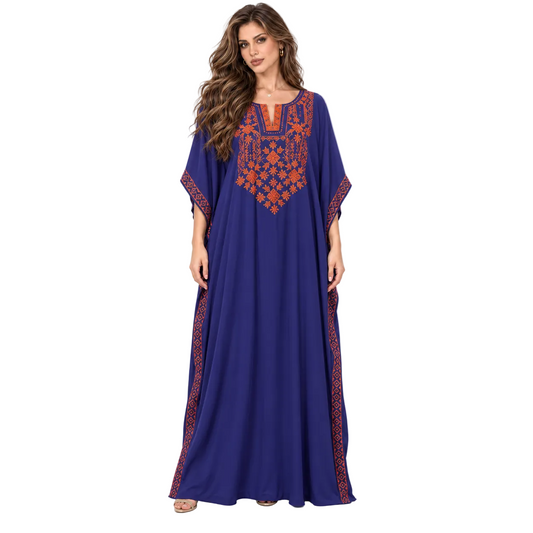 Royal Blue Orange Embroidered Elegant Kaftan