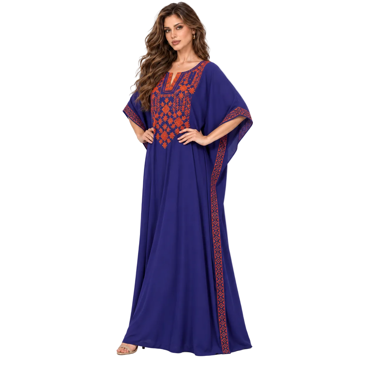 Royal Blue Orange Embroidered Elegant Kaftan