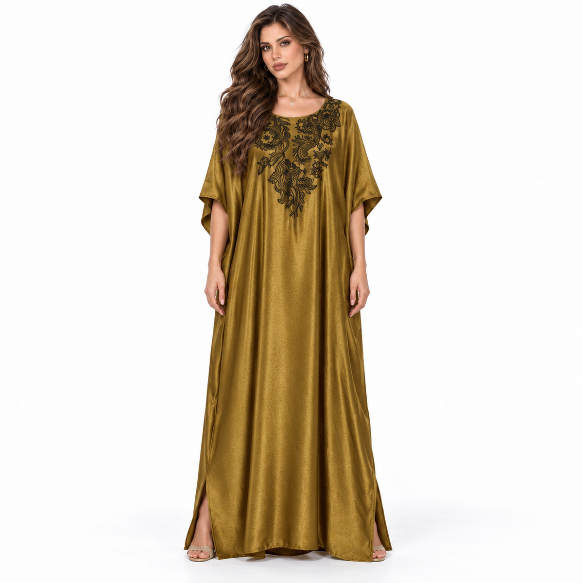 Olive Gold Floral Embroidered Elegant Kaftan