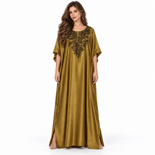 Olive Gold Floral Embroidered Elegant Kaftan