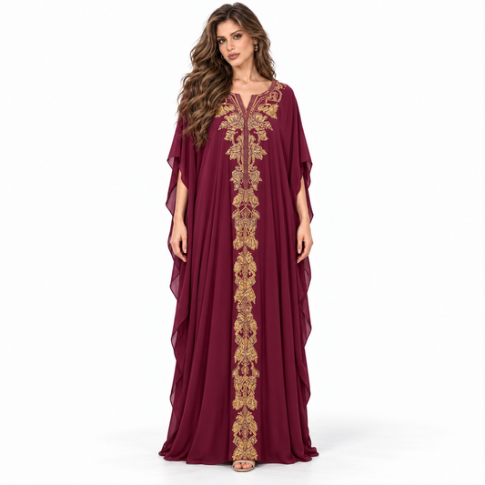 Burgundy Gold Embroidered Luxury Elegant Kaftan