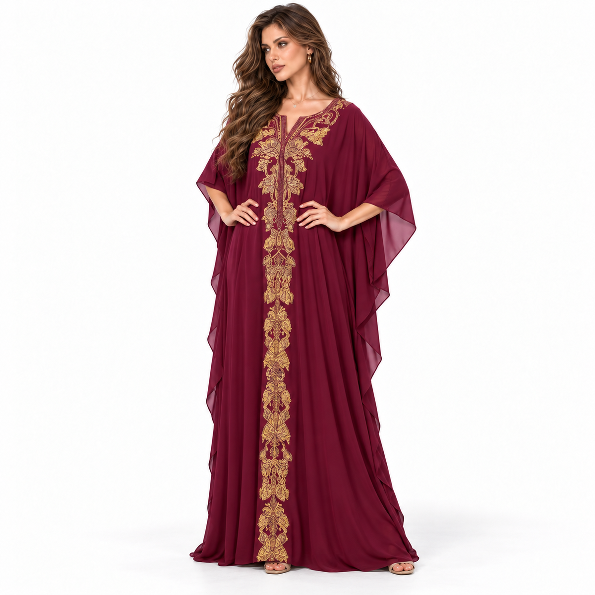 Burgundy Gold Embroidered Luxury Elegant Kaftan