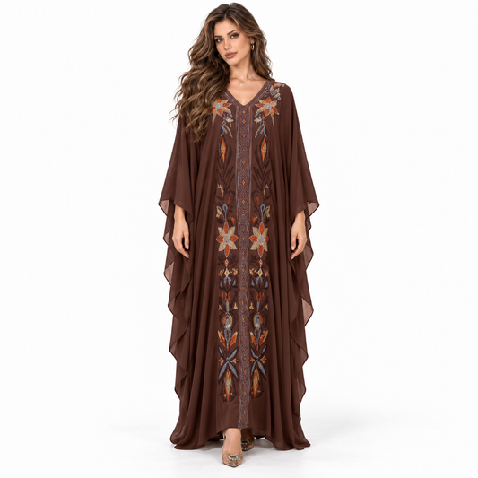 Chocolate Brown Floral Embroidered Elegant Kaftan