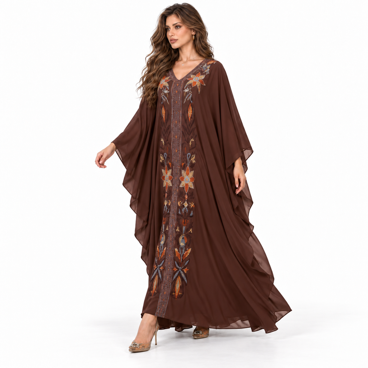 Chocolate Brown Floral Embroidered Elegant Kaftan