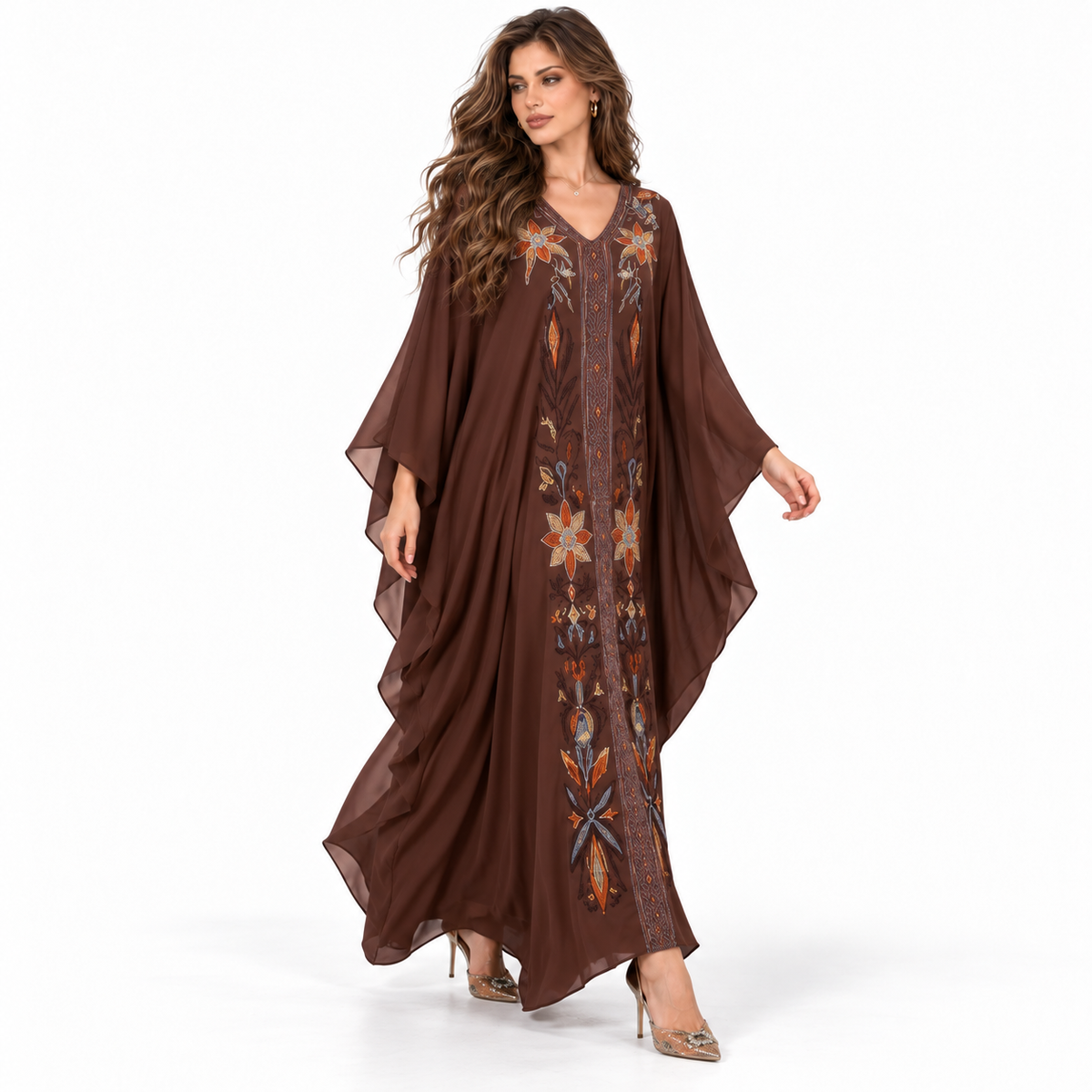 Chocolate Brown Floral Embroidered Elegant Kaftan