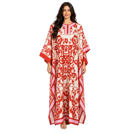 Red Floral Printed Plus Size Kaftan