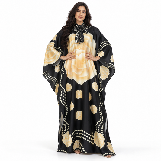 Black Floral Printed Plus Size Kaftan