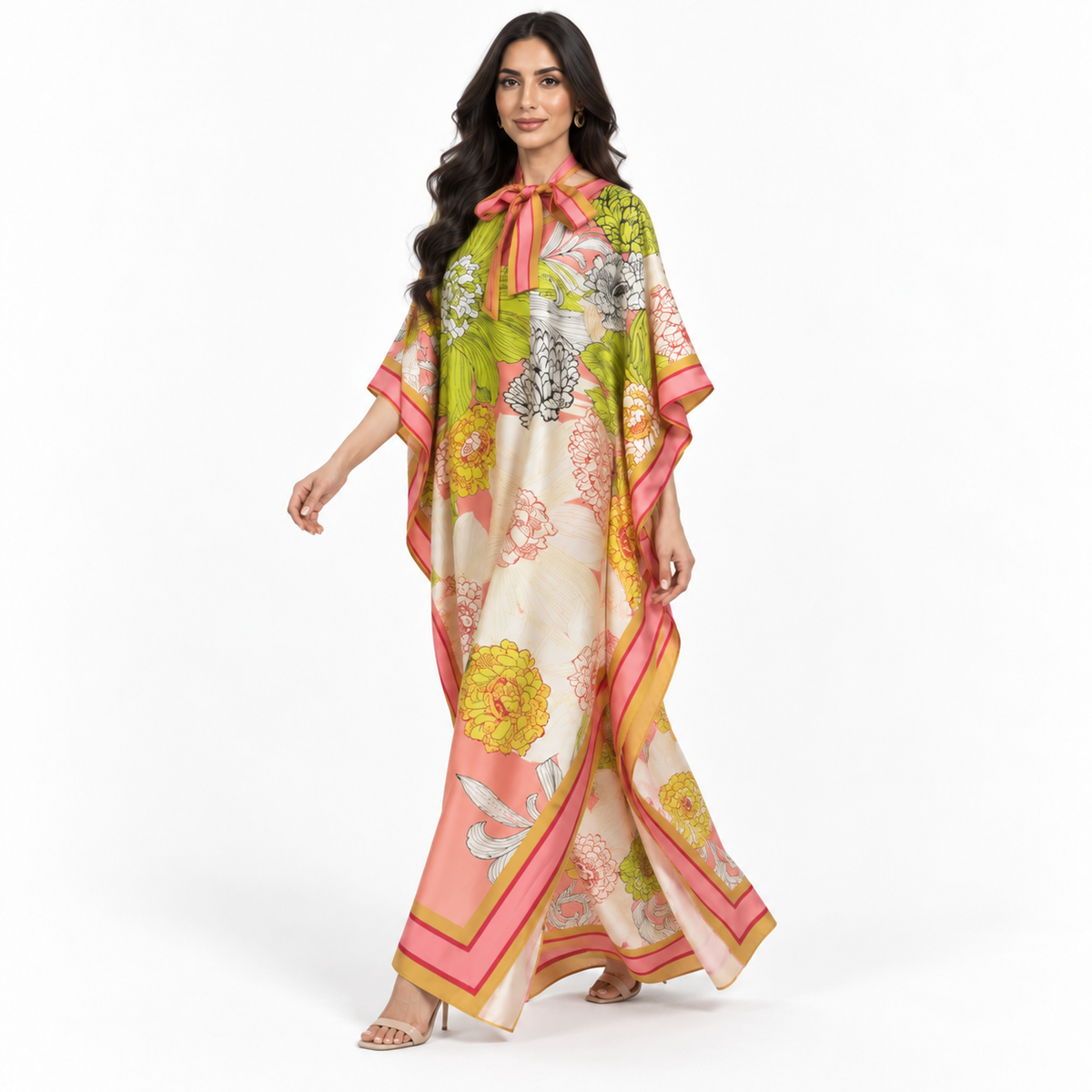 Floral Print Satin Plus Size Kaftan