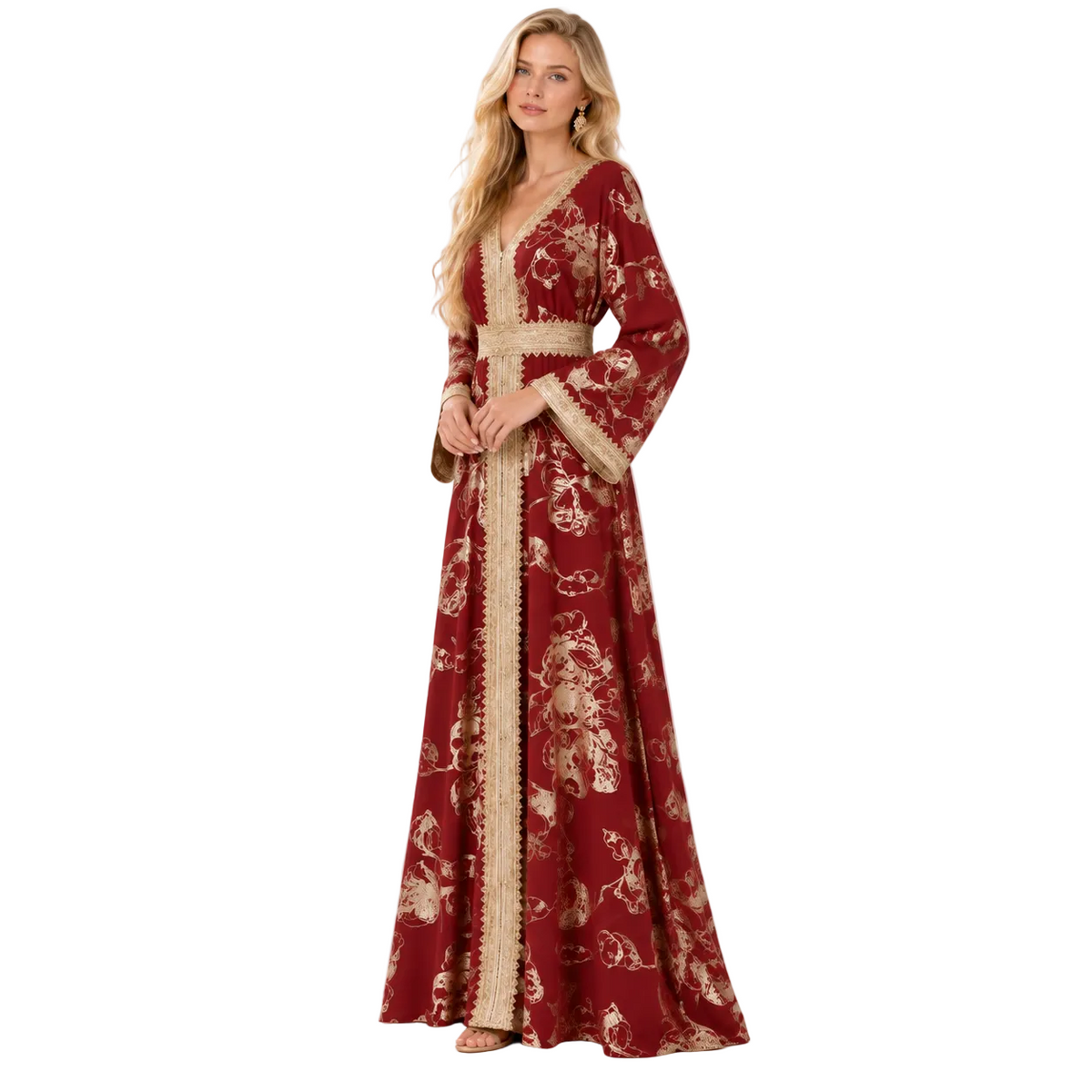 Red Gold Embroidered Luxury Gamis Kaftan