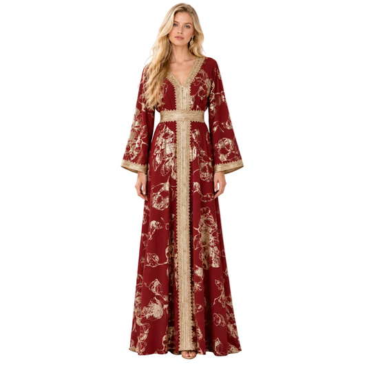 Red Gold Embroidered Luxury Gamis Kaftan