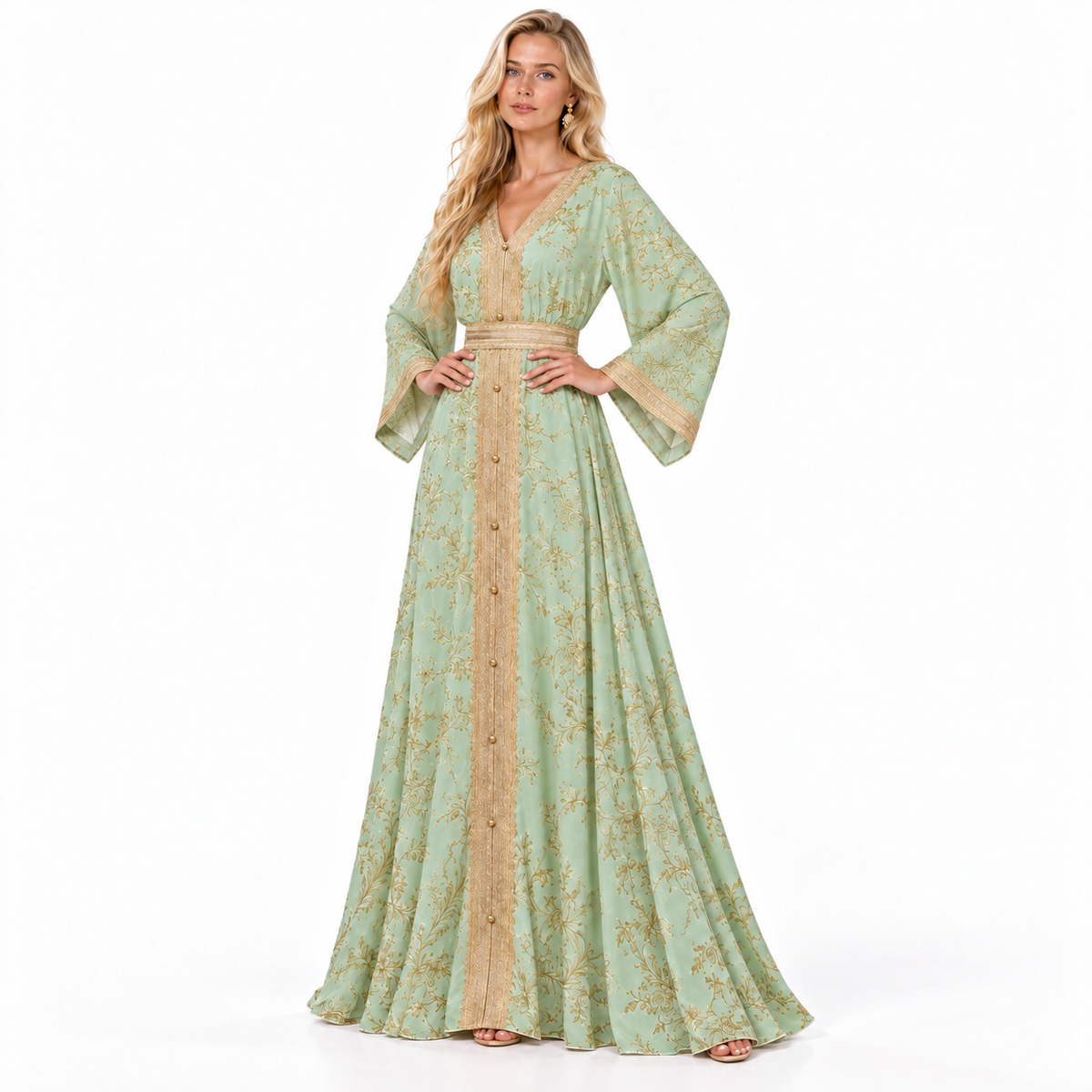 Mint Green Gold Embroidered Gamis Kaftan