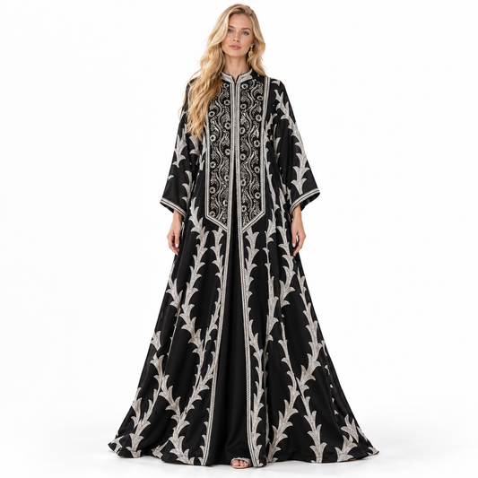 Elegant Black Silver Embroidered Gamis Kaftan