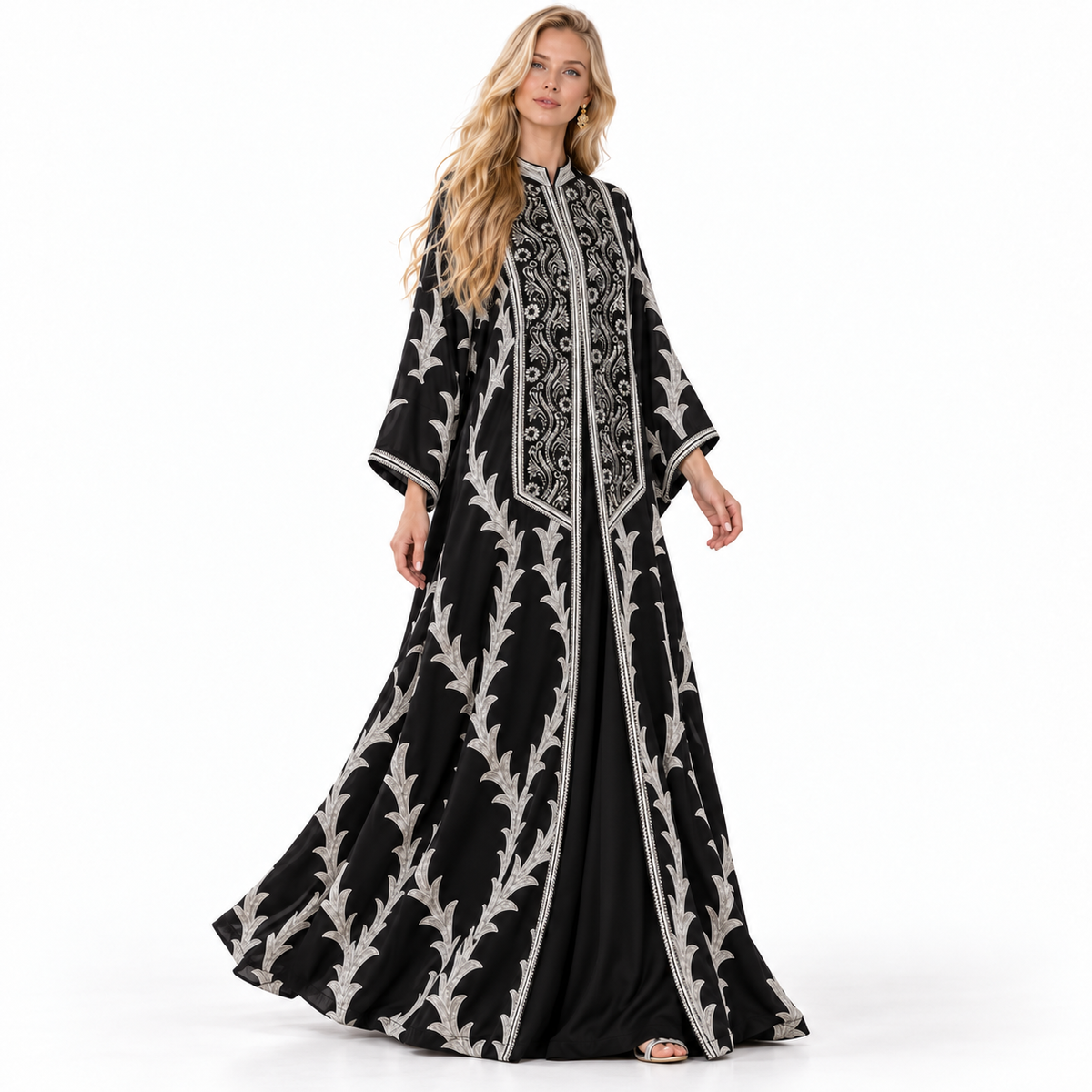 Elegant Black Silver Embroidered Gamis Kaftan