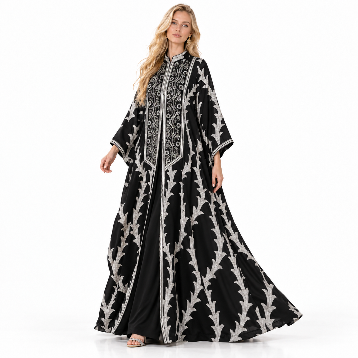 Elegant Black Silver Embroidered Gamis Kaftan