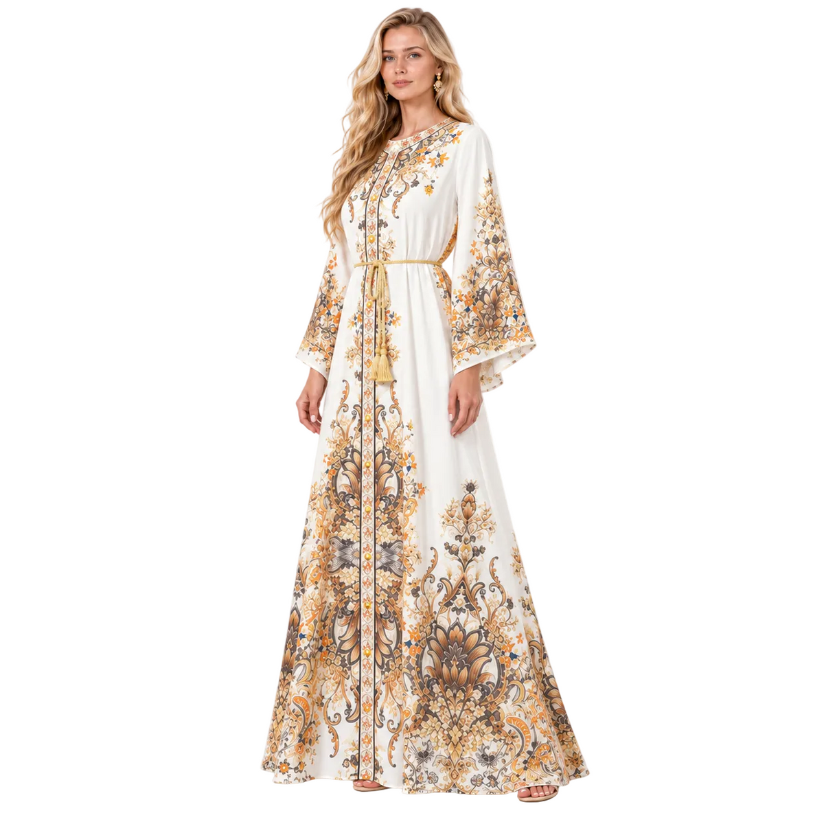 White Floral Printed Elegant Gamis Kaftan