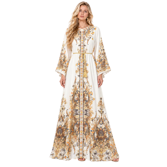 White Floral Printed Elegant Gamis Kaftan