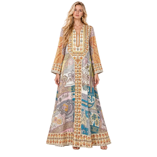 Multicolor Paisley Printed Elegant Gamis Kaftan