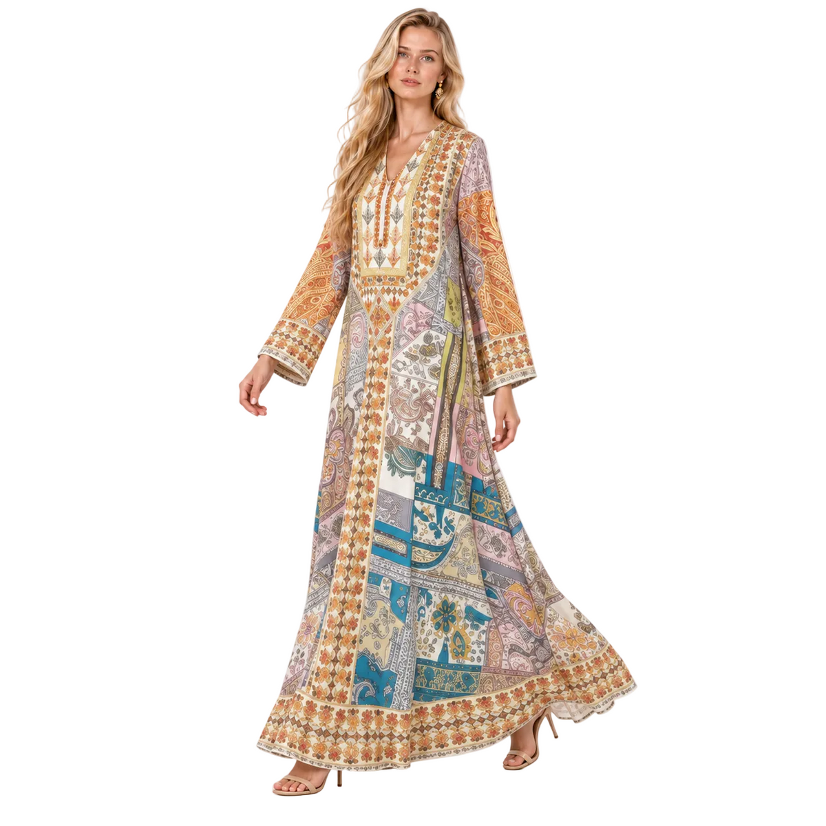 Multicolor Paisley Printed Elegant Gamis Kaftan